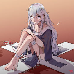 Rule 34 | 1girl, absurdres, bandaged leg, bandages, bandaid, bandaid on neck, barefoot, blood, blood bag, blue shirt, character name, closed mouth, collarbone, full body, girls&#039; frontline, highres, legs, long hair, looking at viewer, on floor, purple eyes, radish p, ribeyrolles (girls&#039; frontline), shirt, simple background, smile, solo, toes, white hair