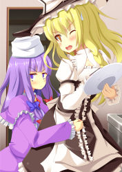 Rule 34 | 2girls, absurdres, black headwear, black skirt, blonde hair, blue bow, blunt bangs, blush, bow, braid, brown eyes, center frills, closed mouth, commentary request, cookie (touhou), dress, feet out of frame, frills, hat, hat bow, highres, holding, holding plate, juliet sleeves, kirisame marisa, long hair, long sleeves, looking at viewer, mars (cookie), multi-tied hair, multiple girls, one eye closed, open mouth, patchouli knowledge, plate, puffy sleeves, purple dress, purple eyes, purple hair, red bow, shirt, side braid, single braid, skirt, smile, sweatdrop, szk, taisa (cookie), touhou, v-shaped eyebrows, white bow, white shirt, witch hat