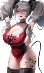 Rule 34 | 1girl, blush, breasts, cleavage, cleft of venus, collar, curvy, eyepatch, grey hair, hair ornament, hairclip, havoc-chan, highleg, highleg leotard, highres, holding, holding own hair, huge breasts, large breasts, leg tattoo, leotard, looking at viewer, medical eyepatch, original, red eyes, red leotard, shoulder tattoo, simple background, smile, solo, suou-sensei, tattoo, thick thighs, thighhighs, thighs, twintails, white background