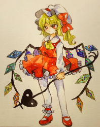 Rule 34 | 1girl, ankle cuffs, ascot, blonde hair, bow, closed mouth, crystal, flandre scarlet, frilled skirt, frills, glitter, hat, hat bow, holding, holding weapon, key747h, laevatein, long sleeves, looking to the side, mob cap, painting (medium), paper texture, photo (medium), red eyes, red footwear, red skirt, red vest, short hair, side ponytail, skirt, skirt set, solo, standing, touhou, traditional media, vest, watercolor (medium), weapon, white legwear, wings, yellow ascot