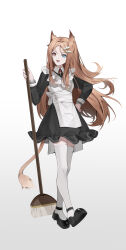 Rule 34 | 1girl, absurdres, alternate costume, animal ears, apron, archetto (arknights), arknights, black dress, black footwear, blue eyes, broom, brown hair, dress, enmaided, frilled dress, frills, hair ornament, hairclip, hand on own hip, heterochromia, highres, lion ears, lion girl, lion tail, long sleeves, looking at viewer, maid, maid apron, open mouth, red eyes, shoes, short dress, solo, suyi-j, tail, thighhighs, white apron, white thighhighs, zettai ryouiki
