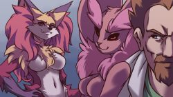 Rule 34 | 1boy, 2girls, :3, alternate color, animal ear fluff, animal ears, beard, black sclera, blue background, blue eyes, breasts, brown hair, closed mouth, coat, colored sclera, creatures (company), delphox, facial hair, fangs, fox ears, game freak, gen 4 pokemon, gen 6 pokemon, gradient background, green shirt, hand on own hip, happy, highres, looking at another, looking to the side, lopunny, medium breasts, multiple girls, mustache, navel, nintendo, no nipples, personification, pink eyes, plague of gripes, pokemon, pokemon (creature), rabbit ears, red eyes, shiny pokemon, shirt, simple background, smile, standing, upper body, white coat