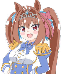 Rule 34 | 1girl, :d, animal ears, antenna hair, blue bow, blue jacket, blush stickers, bow, breasts, brown hair, center frills, collared shirt, commentary request, daiwa scarlet (umamusume), epaulettes, fang, frills, hair between eyes, hair intakes, hands on own hips, highres, horse ears, jacket, juliet sleeves, kapuru 0410, long hair, long sleeves, looking at viewer, medium breasts, open mouth, puffy sleeves, red eyes, shirt, simple background, smile, solo, tiara, twintails, umamusume, very long hair, white background, white shirt