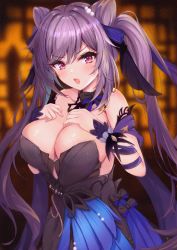 Rule 34 | 1girl, absurdres, alternate breast size, bare shoulders, black dress, blush, bow, breasts, cleavage, cone hair bun, double bun, dress, genshin impact, hair bun, hair ornament, highres, keqing (genshin impact), keqing (opulent splendor) (genshin impact), large breasts, long hair, looking at viewer, mito soosu, official alternate costume, open mouth, purple eyes, purple hair, solo, strapless, twintails, very long hair