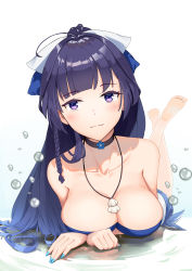 Rule 34 | 1girl, absurdres, bare shoulders, barefoot, bikini, bikini top only, blue bikini, blue flower, blue hair, blue nails, blush, braid, breasts, bubble, choker, cleavage, commentary request, fingernails, flower, hair ribbon, highres, honkai (series), honkai impact 3rd, jewelry, jliaan, large breasts, legs up, long fingernails, long hair, looking at viewer, lying, nail polish, necklace, on stomach, ponytail, purple eyes, raiden mei, ribbon, shell, shell necklace, side braid, smile, solo, swimsuit, the pose, very long hair, water