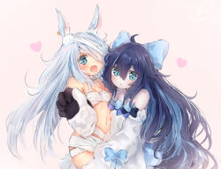 Rule 34 | 2girls, animal ears, bandages, blue bow, blue eyes, blue hair, blush, bow, breasts, detached sleeves, hair between eyes, hair bow, hair over one eye, heart, little witch nobeta, long hair, looking at viewer, monica (little witch nobeta), multiple girls, naked bandage, navel, open mouth, rabbit ears, seboneko, sidelocks, silver hair, small breasts, tania (little witch nobeta), very long hair