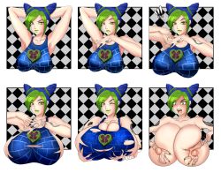 Rule 34 | 1girl, absurdres, blue hair, breast expansion, breasts, female focus, green eyes, green hair, highres, huge breasts, jojo no kimyou na bouken, kuujou jolyne, large breasts, lipstick, makeup, mkonstantinov, multicolored hair, one eye closed, progression, solo, string, tongue, tongue out, torn clothes, two-tone hair, upper body, wink