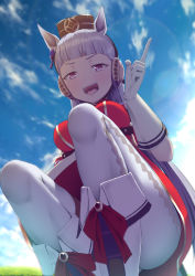 Rule 34 | 1girl, animal ears, arm up, ashino moto, blue sky, boots, breasts, cloud, elbow gloves, from below, gloves, gold ship (umamusume), hat, highres, horse ears, horse girl, large breasts, long hair, looking at viewer, open mouth, outdoors, pantyhose, pointing, red shirt, ribbon, school uniform, shirt, silver hair, sky, smile, solo, squatting, teeth, tongue, tongue out, umamusume, white footwear, white gloves, white pantyhose
