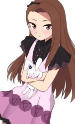 Rule 34 | 1girl, bow, brown hair, cowboy shot, crossed arms, dress, dutch angle, frilled sleeves, frills, hair bow, hairband, hinomaru (futagun), idolmaster, idolmaster (classic), long hair, looking at viewer, minase iori, open mouth, pink dress, red eyes, ribbon, simple background, solo, stuffed animal, stuffed rabbit, stuffed toy, white background