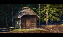 Rule 34 | commentary, day, door, forest, grass, hut, letterboxed, nature, no humans, original, outdoors, pine tree, rural, scenery, suzu (susan slr97), thatched roof, tree