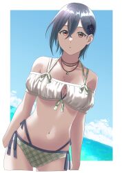 Rule 34 | 1girl, absurdres, bikini, blue hair, blue sky, border, breasts, brown eyes, cleavage, collarbone, commentary request, crossed bangs, detached sleeves, flower, hair between eyes, hair flower, hair ornament, highres, jewelry, looking at viewer, love live!, love live! superstar!!, medium breasts, midriff, navel, necklace, ocean, outside border, parted lips, plaid, plaid bikini, puffy detached sleeves, puffy sleeves, s sho mkrn, shirt, short hair, single sidelock, sky, solo, swimsuit, upper body, wakana shiki, white border, white shirt, white sleeves