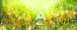 Rule 34 | 1girl, black eyes, closed mouth, commentary, dress, flower, gloves, grass, green theme, long hair, looking at viewer, original, sakimori (hououbds), scenery, solo, standing, two side up, white hair