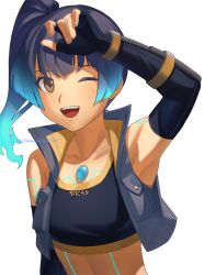 Rule 34 | 1girl, arm up, armpits, asagi (banzoku210), blue hair, chest jewel, crop top, detached sleeves, elbow gloves, fiery hair, fingerless gloves, gloves, glowing lines, highres, one eye closed, sena (xenoblade), shorts, shoulder strap, side ponytail, simple background, solo, sports bra, twitter username, upper body, white background, xenoblade chronicles (series), xenoblade chronicles 3