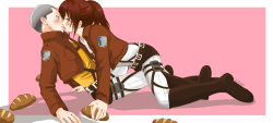 Rule 34 | 1boy, 1girl, all fours, arm support, bald, barby pornea, belt, blush, boots, bread, brown eyes, brown hair, buzz cut, connie springer, couple, eye contact, food, highres, holding, imminent kiss, insignia, jacket, long hair, looking at another, military, military uniform, open mouth, ponytail, sasha blouse, shadow, shingeki no kyojin, short hair, sitting, surprised, uniform, very short hair, yellow eyes