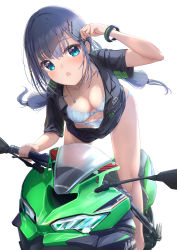 Rule 34 | 1girl, :o, aqua eyes, arm up, black shirt, blue bra, blue hair, blue panties, blunt bangs, bra, bracelet, breasts, cleavage, commentary request, fujinomiya rio, hair ornament, hairclip, highres, jewelry, kawasaki, long hair, looking at viewer, medium breasts, motor vehicle, motorcycle, navel, necklace, open clothes, open mouth, open shirt, original, panties, revision, shirt, simple background, solo, twintails, underwear, white background
