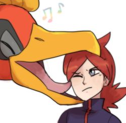 Rule 34 | 1boy, beak, closed eyes, creatures (company), drawfag, game freak, gen 2 pokemon, ho-oh, jacket, legendary pokemon, licking, looking at another, musical note, nintendo, one eye closed, pokemon, pokemon (creature), pokemon hgss, red hair, silver (pokemon), tongue, upper body, white background
