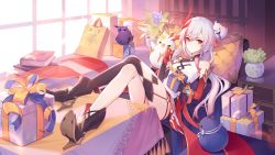 Rule 34 | 1girl, artist request, boots, breasts, china dress, chinese clothes, closed mouth, crossed legs, dress, feathers, fu hua, fu hua (phoenix), gift, gold trim, gradient hair, hair between eyes, hair ornament, high heel boots, high heels, highres, honkai (series), honkai impact 3rd, indoors, legs on table, long hair, looking at viewer, low ponytail, medium breasts, multicolored hair, o-ring, official art, pelvic curtain, plant, potted plant, red eyes, red hair, side slit, sidelocks, silver hair, single thighhigh, solo, streaked hair, stuffed animal, stuffed toy, table, thighhighs, thighlet, turquoise (gemstone), window
