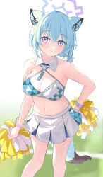Rule 34 | 1girl, absurdres, animal ears, blue archive, breasts, cleavage, green hair, highres, medium breasts, midriff, millennium cheerleader outfit (blue archive), miniskirt, navel, pom pom (cheerleading), purple eyes, scio 12, shigure (blue archive), skirt, smile, solo, sweat, tail, wristband