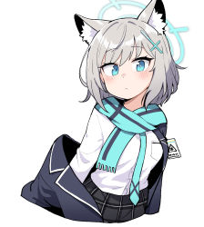 Rule 34 | 1girl, animal ear fluff, animal ears, blue archive, blue eyes, blue jacket, blue necktie, blue scarf, blush, breasts, cat ears, commentary request, cross hair ornament, grey hair, hair ornament, halo, highres, id card, jacket, jacket partially removed, junsuina fujunbutsu, long sleeves, looking at viewer, medium hair, necktie, open clothes, open jacket, pleated skirt, scarf, school uniform, shiroko (blue archive), shirt, simple background, skirt, solo, upper body, white background, white shirt