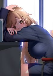 Rule 34 | 1girl, blonde hair, blurry, blush, breasts, brown eyes, chair, chinese commentary, commentary request, day, depth of field, desk, formal, from side, hand on own head, head rest, huge breasts, indoors, long hair, long sleeves, looking at viewer, office lady, original, sitting, skirt, skirt suit, solo, suit, window, xiujia yihuizi