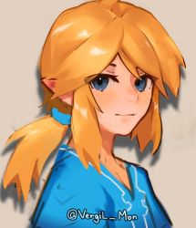 Rule 34 | 1boy, blonde hair, blue eyes, blue shirt, closed mouth, drop shadow, grey background, highres, link, looking at viewer, male focus, nintendo, pointy ears, ponytail, shirt, simple background, solo, the legend of zelda, upper body, vergil mon