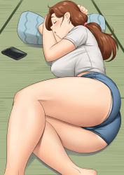 Rule 34 | 1girl, arm pillow, ass, ass focus, blouse, blue shorts, blush, breasts, brown hair, cellphone, commentary request, covered erect nipples, feet out of frame, fetal position, highres, large breasts, long hair, lying, mature female, nemui333, on floor, on side, original, panties, panty peek, phone, pillow, ponytail, shirt, short shorts, short sleeves, shorts, sleeping, smartphone, solo, t-shirt, tatami, taut clothes, taut shirt, thick thighs, thighs, underwear, white panties, white shirt