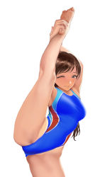 Rule 34 | 1girl, armpits, arms behind head, arms up, bare arms, bare legs, barefoot, blue one-piece swimsuit, breasts, brown eyes, brown hair, competition swimsuit, hamedoragon, idolmaster, idolmaster cinderella girls, kneepits, leg up, light blush, long hair, looking at viewer, medium breasts, nail polish, nitta minami, one-piece swimsuit, one eye closed, simple background, sleeveless, smile, soles, solo, split, standing, standing on one leg, standing split, swimsuit, tan, tanline, white background