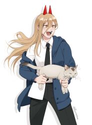Rule 34 | 1girl, animal, black necktie, black pants, blonde hair, blue hoodie, cat, chainsaw man, collared shirt, cross-shaped pupils, hair between eyes, highres, holding, holding animal, holding cat, hood, hoodie, horns, long hair, looking to the side, meowy (chainsaw man), necktie, open mouth, pants, pocketbee, power (chainsaw man), red horns, sharp teeth, shirt, shirt partially tucked in, smile, symbol-shaped pupils, teeth, twitter username, white cat, white shirt, yellow eyes
