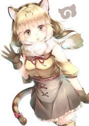 Rule 34 | 10s, 1girl, absurdres, animal ears, blonde hair, blush, bow, bowtie, brown hair, cat ears, cat tail, cowboy shot, fur trim, gloves, highres, jungle cat (kemono friends), kanzakietc, kemono friends, long hair, miniskirt, multicolored hair, open mouth, simple background, skirt, solo, tail, thighhighs, twintails, two-tone hair, upper body, white background, yellow eyes