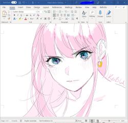 Rule 34 | 1girl, art program in frame, blue eyes, closed mouth, earrings, frown, jewelry, keibleh, long hair, looking at viewer, microsoft word (medium), original, pink hair, portrait, signature, solo, unconventional media