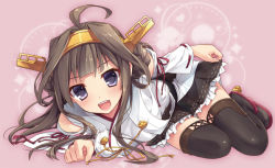 Rule 34 | 10s, 1girl, bankoku ayuya, bare shoulders, black thighhighs, blush, breasts, brown hair, detached sleeves, double bun, hair bun, hair ornament, hairband, headgear, japanese clothes, kantai collection, kongou (kancolle), long hair, lying, nontraditional miko, on stomach, open mouth, personification, purple eyes, skirt, smile, solo, thighhighs