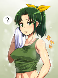 Rule 34 | 10s, 1girl, breasts, enoshima iki, covered erect nipples, green background, green eyes, green hair, green shirt, large breasts, matching hair/eyes, midorikawa nao, navel, precure, shirt, smile, smile precure!, solo, sweat, sweat stain, tank top, taut clothes, taut shirt