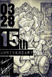 Rule 34 | 1boy, anniversary, armchair, chair, crown, dated, fingerless gloves, gloves, greyscale, highres, jacket, jewelry, kingdom hearts, kingdom hearts iii, crossed legs, looking at viewer, male focus, mini crown, monochrome, necklace, nomura tetsuya, official art, open clothes, open jacket, signature, sitting, sketch, smile, solo, sora (kingdom hearts), spiked hair, square enix
