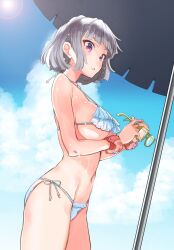 1girl abeno_chako bare_shoulders bikini bikini_day bracelet breasts cowboy_shot dutch_angle frilled_bikini frills from_side grey_hair groin highres holding holding_removed_eyewear jewelry kiko_(walkure_no_kiko) large_breasts parted_lips standing string_bikini swimsuit umbrella unworn_eyewear walkure_no_kiko white_bikini