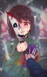 Rule 34 | 1boy, absurdres, androgynous, blood, blood from mouth, blood on clothes, blood on face, blood on hands, bloody knife, bloody tears, bloody weapon, bone, brown hair, chara (undertale), chromatic aberration, dagger, daikazoku63, evil smile, hand on another&#039;s chest, head tilt, highres, holding, holding knife, knife, looking at viewer, parted lips, pov, red eyes, reflection, sans (undertale), skeleton, smile, spoilers, striped clothes, striped sweater, sweater, symbol-shaped pupils, turtleneck, undertale, upper body, weapon