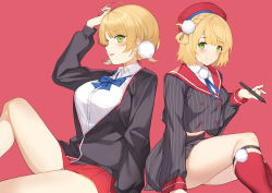 Rule 34 | 2girls, :d, blonde hair, blush, breasts, dual persona, green eyes, hair ornament, hat, highres, indie virtual youtuber, jacket, knee up, large breasts, leg strap, long sleeves, medium breasts, multiple girls, open clothes, open jacket, open mouth, pom pom (clothes), pom pom hair ornament, red background, shigure ui (vtuber) (1st costume), shigure ui (vtuber) (2nd costume), shigure ui (channel), shigure ui (vtuber), short hair, sitting, skirt, smile, stylus, virtual youtuber, yykuaixian