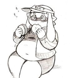 Rule 34 | 1girl, artist request, belly, burger, eating, fat, food, inkling player character, monochrome, navel, nintendo, pointy ears, splatoon (series), thick thighs, thighs