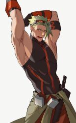 Rule 34 | abs, achilles (fate), achilles (fearless diver) (fate), armpits, arms up, clothes around waist, fate/grand order, fate (series), gauntlets, goggles, goggles on head, green hair, haruakira, highres, jacket, jacket around waist, large pectorals, male focus, muscular, muscular male, one eye closed, open mouth, orange eyes, pectorals, sheath, shirt, short hair, simple background, sleeveless, sleeveless shirt, stretching, teeth, turtleneck, white background