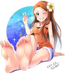 Rule 34 | 1girl, absurdres, bare shoulders, barefoot, blush, brown eyes, brown hair, crossed ankles, feet, flower, foot focus, grin, hair flower, hair ornament, highres, idolmaster, idolmaster (classic), jewelry, legs, long hair, minase iori, necklace, shorts, smile, soles, solo, takatsuki p, tank top, toes, v, white background