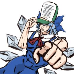 Rule 34 | 1girl, absurdres, araki hirohiko (style), blue bow, blue dress, blue hair, bow, cirno, dress, english text, foreshortening, hat, highres, ice, ice wings, meme, simple background, solo, speech bubble, touhou, white background, wings, yenyen