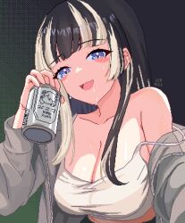 Rule 34 | 1girl, artist name, beer can, black hair, blue eyes, blush, breasts, camisole, can, cleavage, drink can, grey hair, grey jacket, highres, hololive, hololive dev is, jacket, juufuutei raden, large breasts, leopxl, long hair, multicolored hair, pixel art, two-tone hair, virtual youtuber