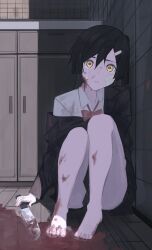 Rule 34 | 1girl, absurdres, bandage on face, bandages, barefoot, black hair, black jacket, black skirt, blood, blood on clothes, blood on face, blood on ground, blood on leg, blood stain, bloody knife, bow, bowtie, closed mouth, collared shirt, derinhi1123, feet, full body, hair between eyes, hair ornament, hairclip, highres, indoors, jacket, knees up, knife, legs, looking at viewer, miniskirt, off shoulder, original, red bow, red bowtie, school uniform, shadow, shirt, short hair, skirt, solo, thighs, toenails, toes, white shirt, wooden floor, yellow eyes
