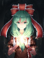 Rule 34 | 1girl, absurdres, black background, commentary, dress, energy, english commentary, expressionless, front ponytail, glowing, green eyes, green hair, hair ribbon, highres, kagiyama hina, kuneamorai, light trail, long hair, looking at viewer, own hands together, puffy short sleeves, puffy sleeves, red dress, ribbon, short sleeves, solo, standing, touhou, upper body, very long hair, wrist ribbon