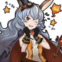 Rule 34 | 10s, 1girl, ;d, animal ears, bad id, bad pixiv id, bare shoulders, black gloves, blue hair, brown eyes, cat ears, erune, ferry (granblue fantasy), ferry (halloween) (granblue fantasy), gloves, granblue fantasy, halloween, halloween costume, hat, long hair, lowres, mini hat, mini top hat, o (rakkasei), one eye closed, open mouth, rabbit ears, simple background, sketch, smile, solo, star (symbol), strapless, top hat, white background