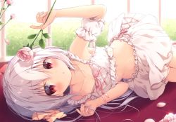 Rule 34 | 1girl, :o, arm up, armpits, bare shoulders, blush, bow, breasts, collarbone, commentary, detached sleeves, flower, hair between eyes, hair bow, hand up, holding, holding flower, looking at viewer, lying, midriff, miyasaka naco, navel, on side, original, parted lips, petals, pink flower, pink rose, pleated skirt, puffy short sleeves, puffy sleeves, red eyes, rose, short sleeves, silver hair, skirt, small breasts, solo, symbol-only commentary, white skirt, white sleeves, yellow bow