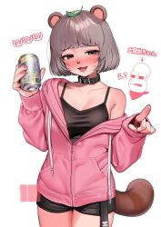 Rule 34 | 1girl, :3, animal ears, animal nose, black collar, black shorts, black tank top, blunt bangs, blush, breasts, can, collar, grey hair, highres, holding, holding can, leaf, leaf on head, looking at viewer, medium breasts, mode aim, nail polish, nanja, nose blush, off shoulder, open mouth, peanuts-kun, pink nails, pointing, ponpoko (vtuber), raccoon ears, raccoon girl, raccoon tail, short hair, shorts, simple background, spoken www, strong zero, tail, tank top, translation request, virtual youtuber, white background