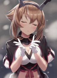 Rule 34 | 1girl, blush, breasts, brown hair, cleavage, closed eyes, gloves, grey background, hair between eyes, headgear, highres, kantai collection, large breasts, monoku, mutsu (kancolle), mutsu kai ni (kancolle), open mouth, short hair, solo, upper body, white gloves
