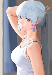 Rule 34 | 1girl, absurdres, adjusting clothes, arm up, artist name, ayaka (genshin impact), bare shoulders, blue eyes, blue hair, blunt bangs, breasts, casual, cleavage, genshin impact, hair ribbon, highres, lips, long hair, looking at viewer, medium breasts, mole, mole under eye, parted lips, ponytail, ribbon, sidelocks, tank top, white tank top, wusie2