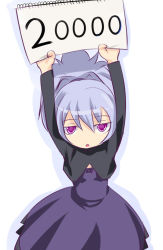 Rule 34 | 00s, 1girl, arms up, darker than black, dress, holding, holding sign, kuro (be ok), notepad, purple dress, purple eyes, purple hair, sign, solo, yin (darker than black)