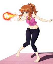 Rule 34 | 1girl, bare shoulders, barefoot, black pants, blush, breasts, breath weapon, breathing fire, brown eyes, fire, fireball, full body, girls und panzer, hair ornament, hair scrunchie, highres, key (gaigaigai123), medium breasts, midriff, navel, open mouth, orange hair, pants, pink tank top, ponytail, scrunchie, shiny skin, simple background, solo, takebe saori, tank top, white background